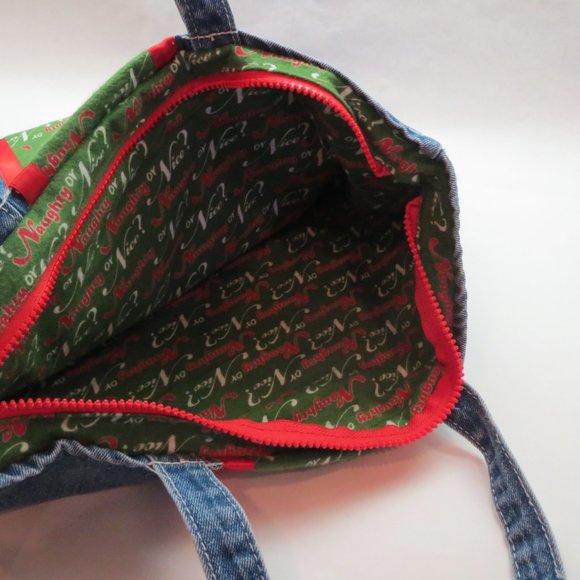 Naughty or Nice Hand-Crafted Lined Denim Zippered NEW Holiday Tote Bag - Picture 2 of 4